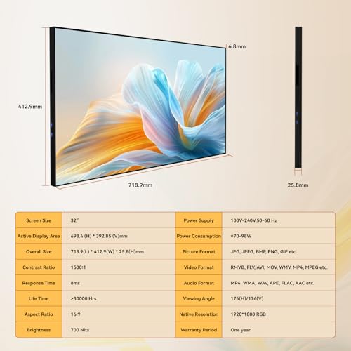 Digital Signage Display 32 Inch Wall Mount Digital Menu Board For Restaurants And Stores Advertising Screen 700 Nits Ultra-High Brightness Fhd Free Web Content Editor Android 2Gb + 32Gb