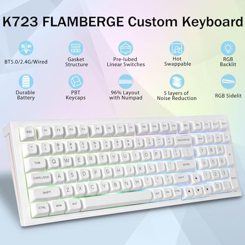 K723 Wireless Mechanical Gaming Keyboard Creamy, Bluetooth/2.4G/Usb-C Wired, Rgb Backlit, Hot Swappable Pre-Lubed Linear Switches, 96% Custom Gasket Structure For Pc/Mac/Ps/Xbox,White