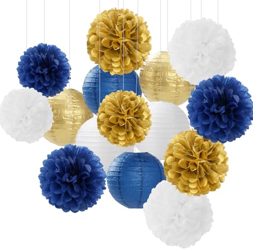 Navy-Blue Gold Party-Decorations Paper-Flowers Lanterns - 15PCS Royal White Baby Bridal Shower Tissue Pom Poms Streamers, Bachelorette Birthday Wedding Graduation Hanging Supplies Decor