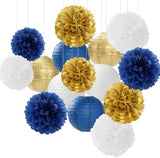 Navy-Blue Gold Party-Decorations Paper-Flowers Lanterns - 15PCS Royal White Baby Bridal Shower Tissue Pom Poms Streamers, Bachelorette Birthday Wedding Graduation Hanging Supplies Decor