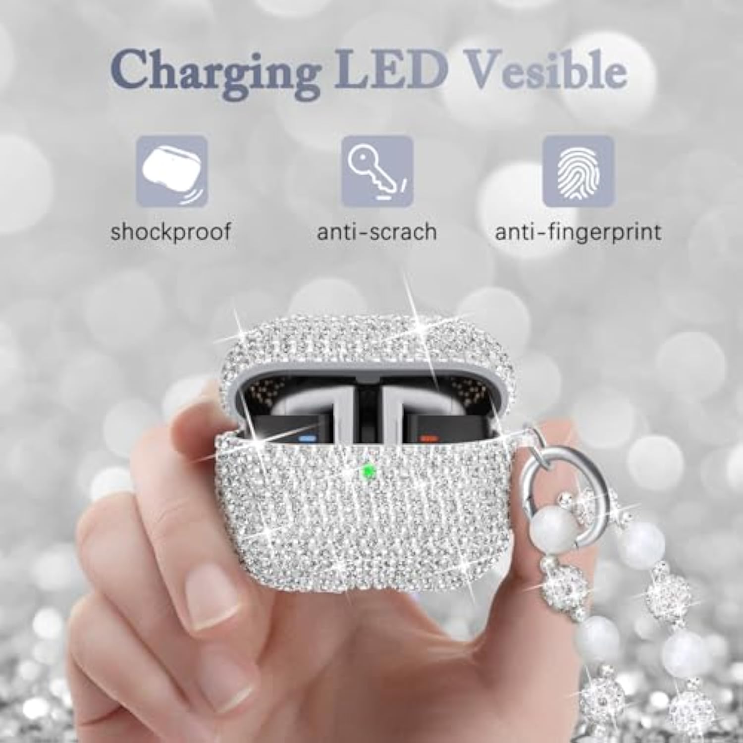 Compatible With Samsung Galaxy Buds 3 Case & Galaxy Buds 3 Pro Case,Crystal Glitter Shining Cover,With Bling Lanyard Keychain Charm For Women (Silver)