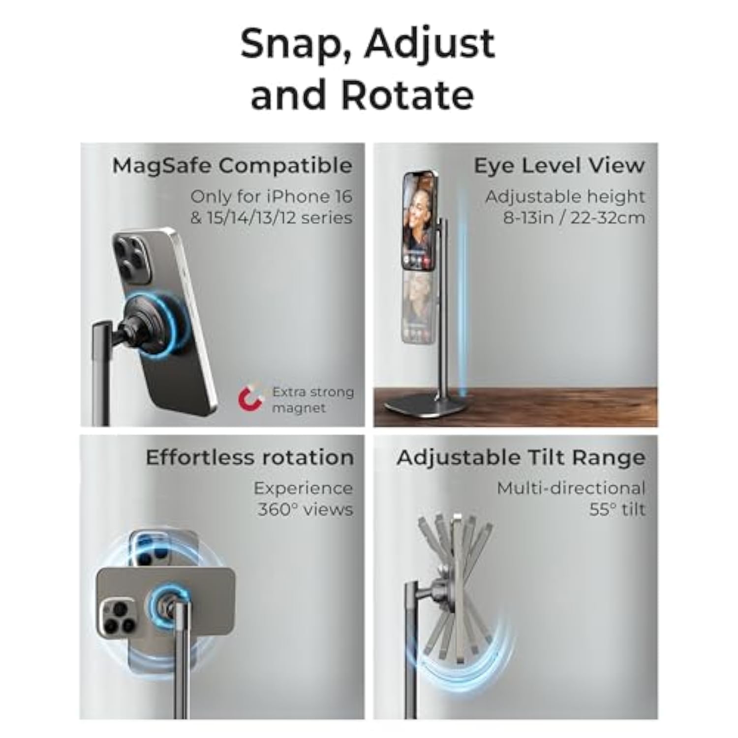 Cooper MagStand - Adjustable Magnetic iPhone Stand for Desk & Phone Holder for Video Recording, Compatible with MagSafe, Stand for iPhone 16 Pro Max, 15/14/13/12, Small Mag Safe Tripod (Night Black)