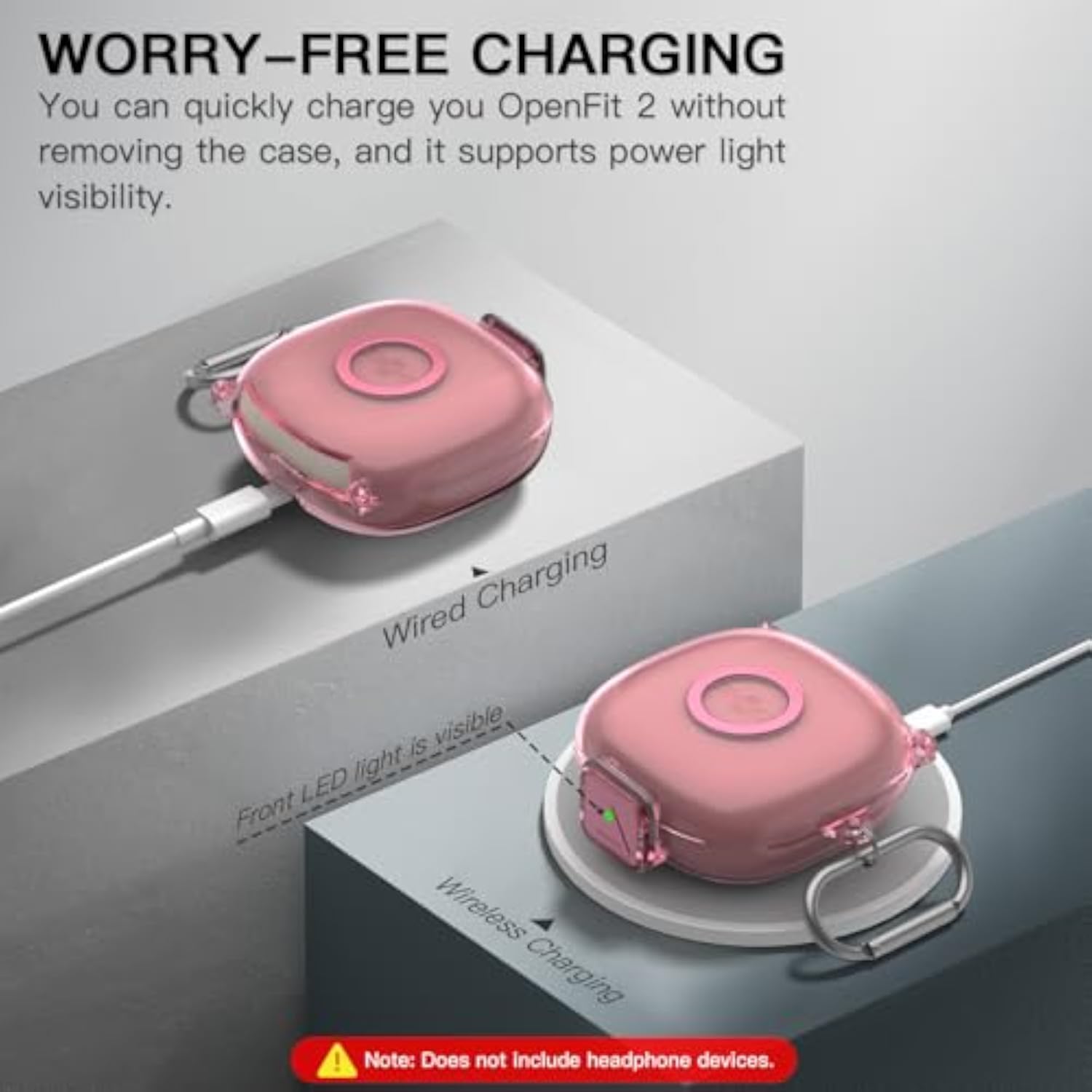 Clear TPU Shockproof Protective Case Cover for SHOKZ OpenFit 2 Headphones Accessories with Cleaning Kit & Keychain, Clear Pink