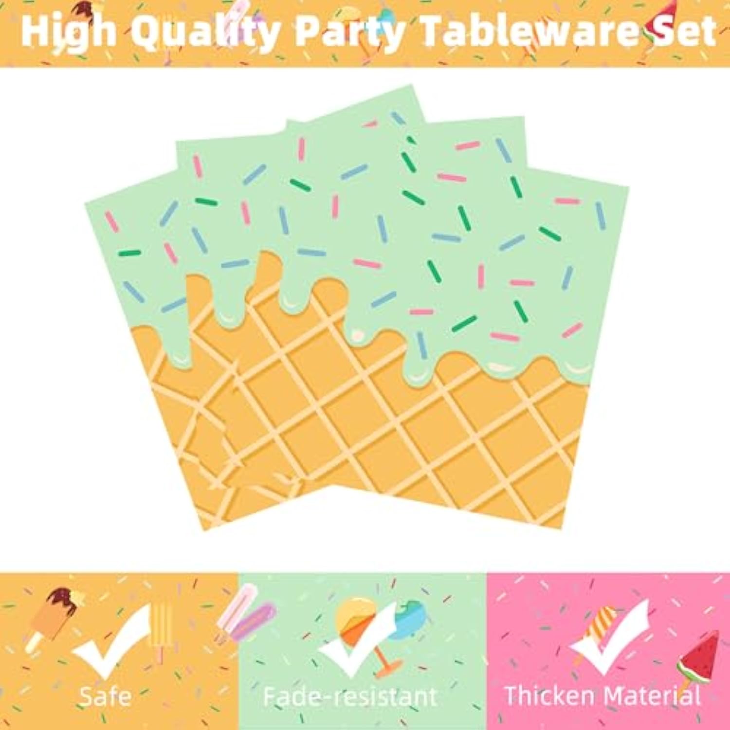Ice Cream Party Decorations 96Pcs Ice Cream Plates And Napkins Forks For Kids Girls Baby Shower Ice Cream Birthday Party Supplies
