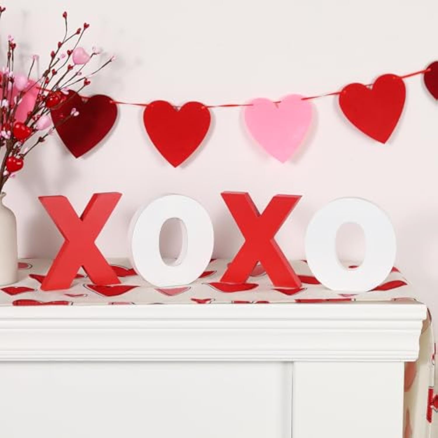 Valentines Day Decor-Wooden Xoxo Tabletop Sign-Classic White Red Valentines Decorations For Home Table Shelf Mantel Fireplace Wedding Party Supplies