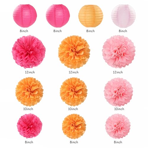 Pink-Orange Fall Party-Decorations Paper-Flowers Lanterns - 20PCS Autumn Wedding Birthday Tissue Pom Poms Streamers Fans Honeycomb, Groovy Boho Baby Shower Rustic Hanging Supplies Decor