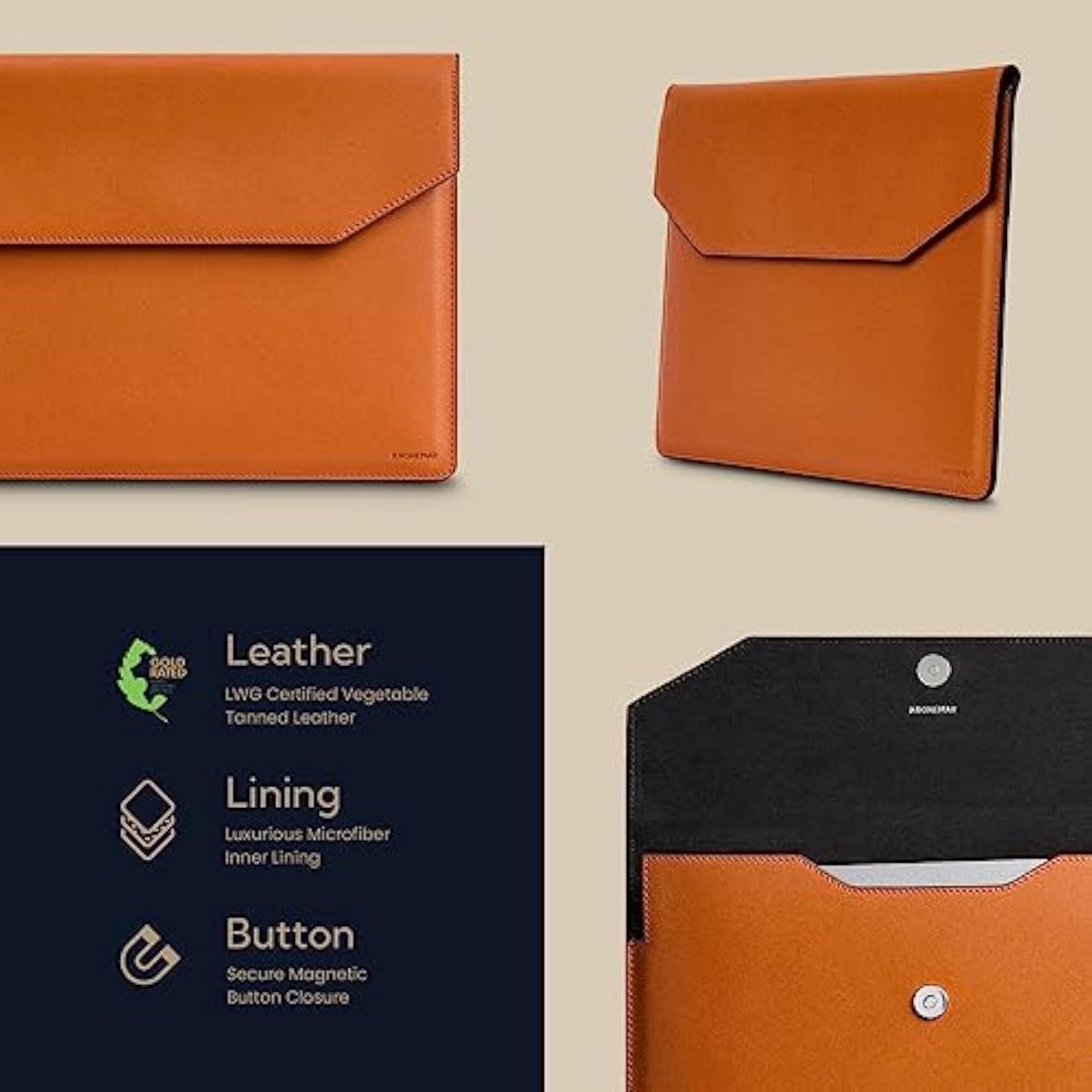 16 Inch Premium Full-Grain Leather Laptop Sleeve Case - Compatible With Macbook Pro M1/M2/M3/M4 (2019-24) & Air 15-Inch (2023-24) - Loose Fit, Razer Blade 15, Microsoft Surface Laptop 3 - Tan