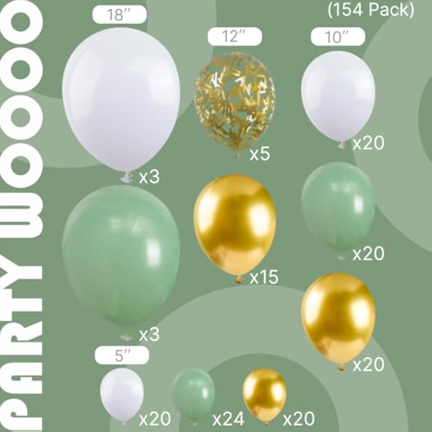 154-Pc Sage Green & Gold Balloon Arch Kit for Parties