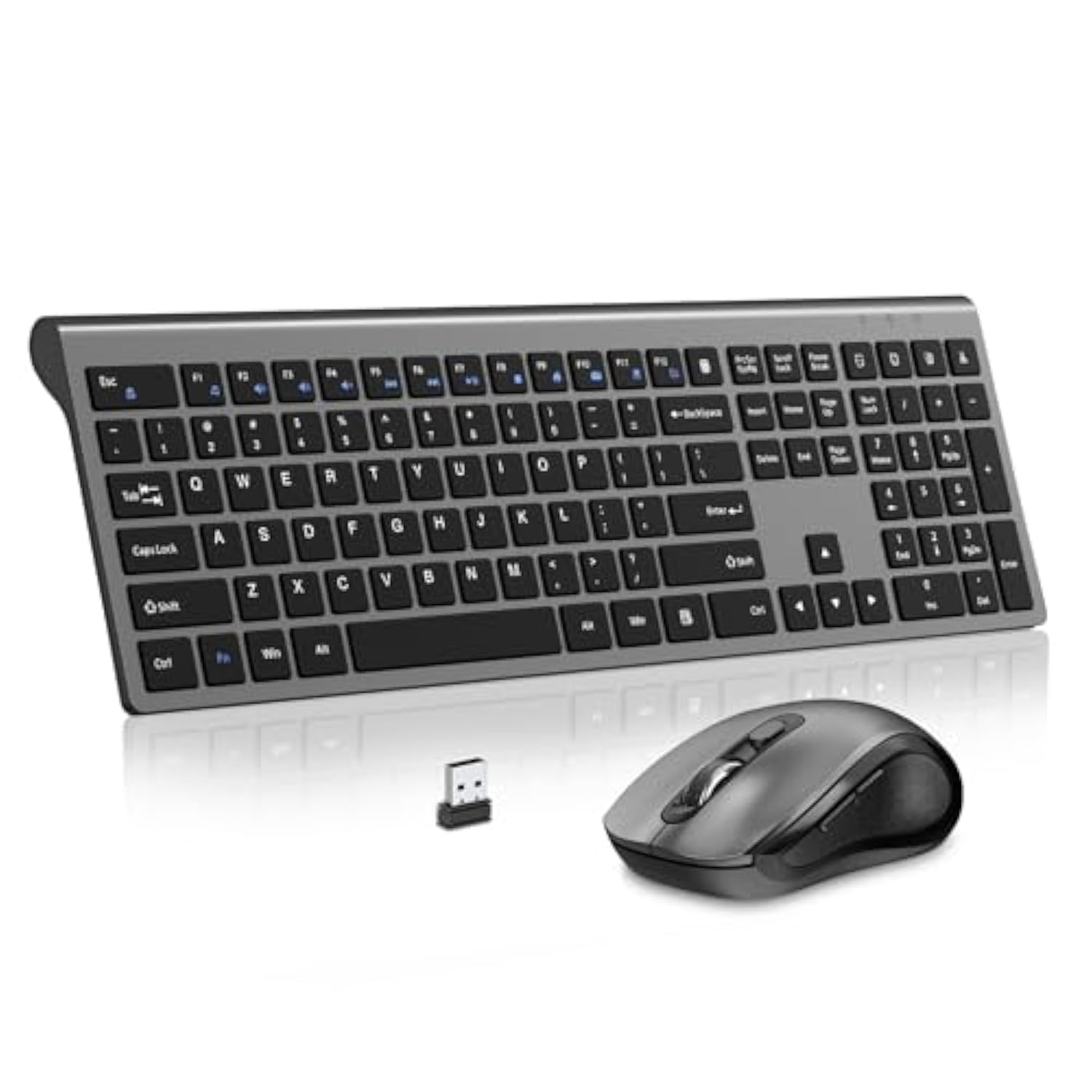 Keyboard And Mouse Wireless, Slim Full Size Keyboard With Calculator Button, Fn Lock, Silent Computer Mouse With Side Button, 2400 Dpi, 2.4G Usb Cordless Set For Laptop Pc Windows Mac -Gray