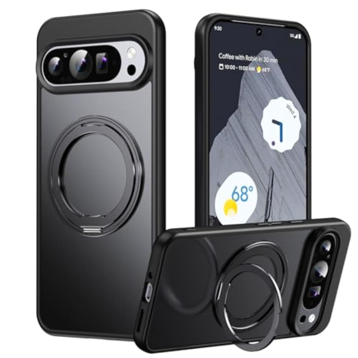 Pixel 9 Pro XL Clear Case, MagSafe, 360° Ring Kickstand, Transparent - Black