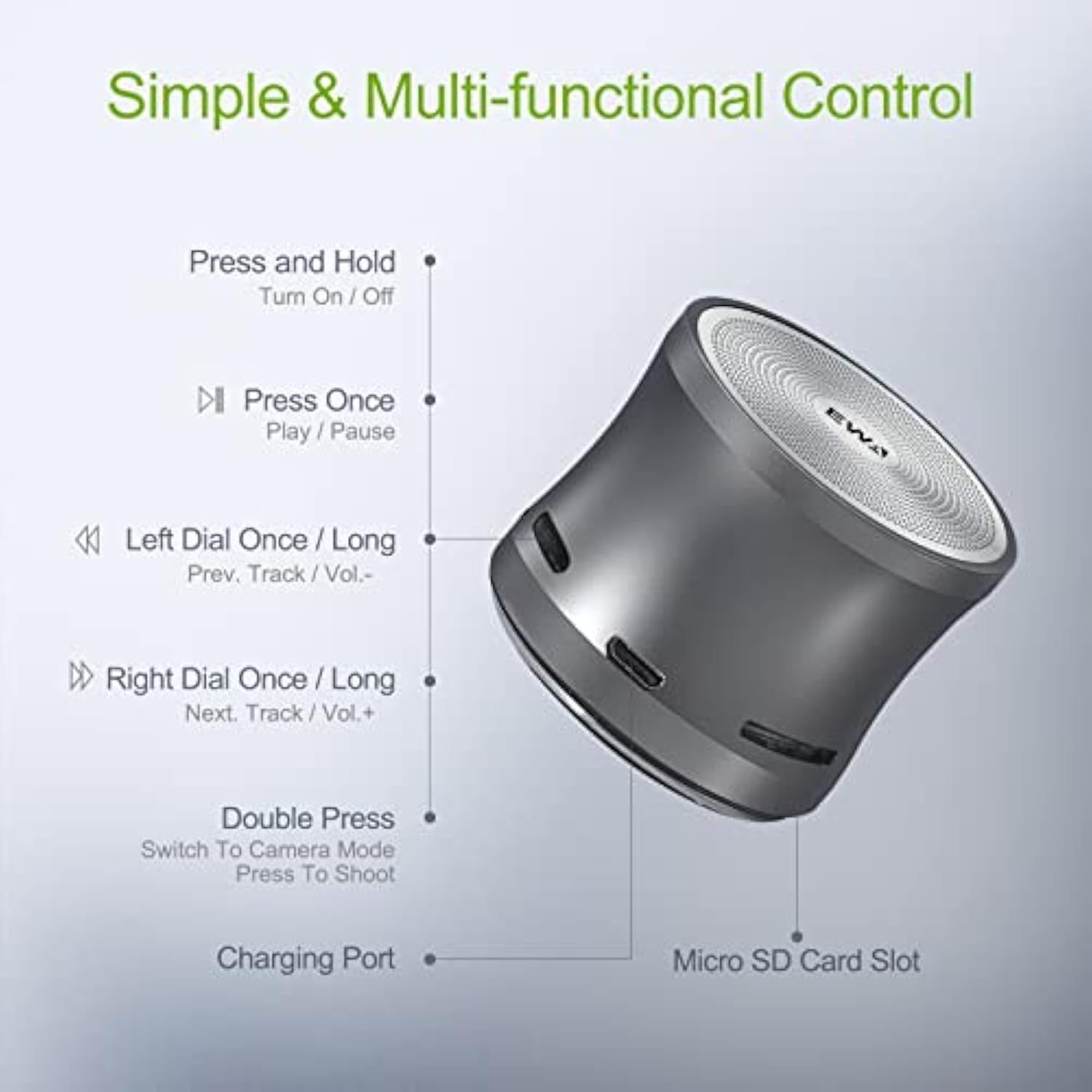 EWA A109mini Bluetooth Speaker with Bass Radiator, Enhanced Bass, Portable Wireless Speaker for Home, Hiking and More - Gray