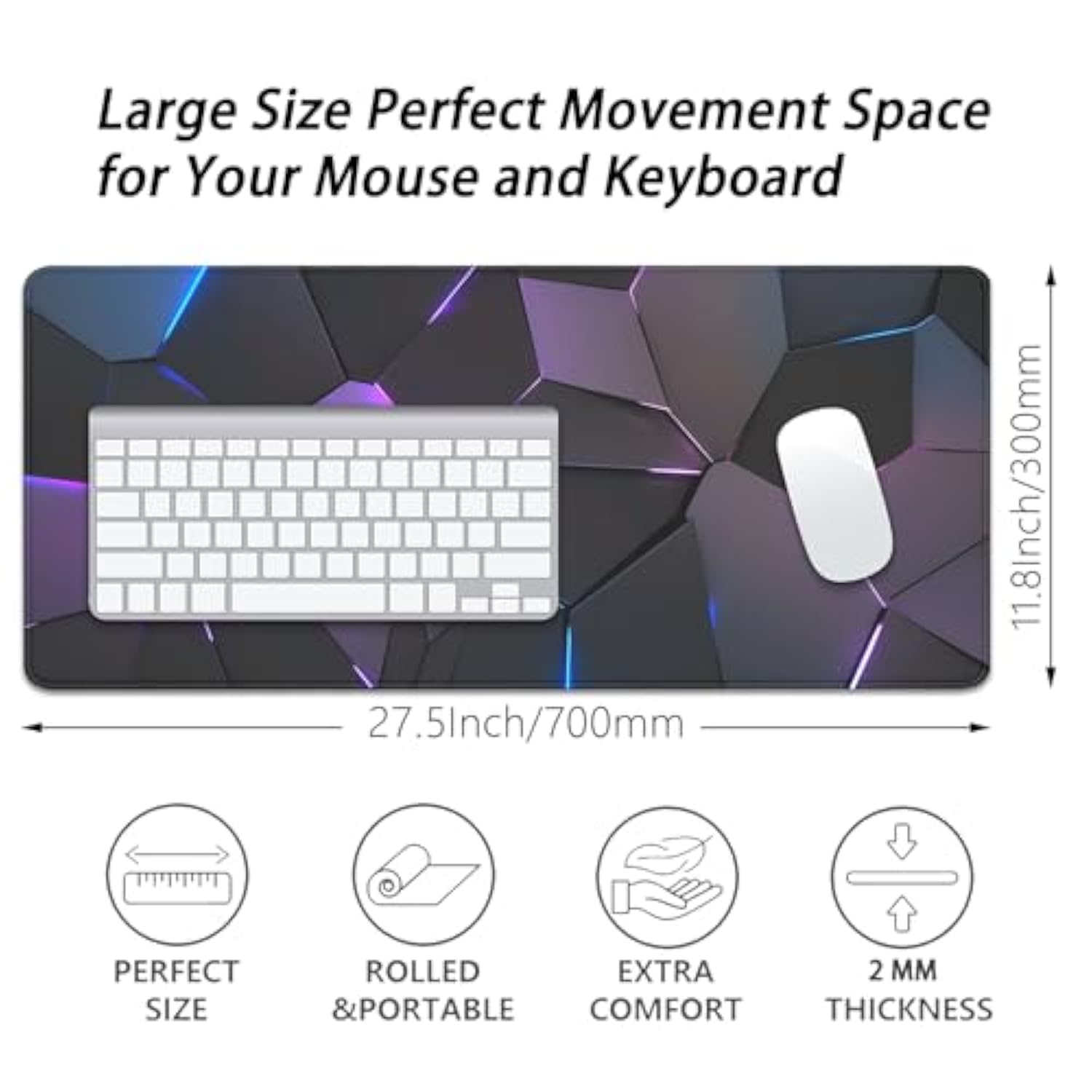 Cool Polygons Desk Pad Mouse Pad,Large Xl Technology Mouse Mat With Stitched Edges,Non-Slip Rubber Base Mousepad For Office Pc Keyboard Laptop And Home Work Desk Mat(27.5X11.8 In)