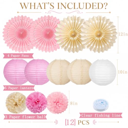 Pink and Beige Party Decorations Set, Hanging Paper Lanterns, Tissue Paper Pom Poms and Paper Fans for Baby Shower, Birthday, Wedding and Bridal Shower Party Decor