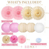 Pink and Beige Party Decorations Set, Hanging Paper Lanterns, Tissue Paper Pom Poms and Paper Fans for Baby Shower, Birthday, Wedding and Bridal Shower Party Decor