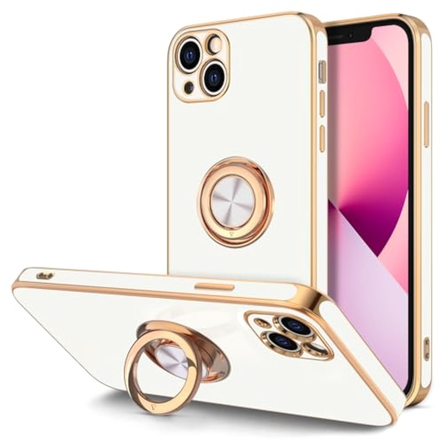 For Iphone 13 Mini Case With Ring Stand [360°Rotatable Ring Holder Magnetic Kickstand] [Support Car Mount] Plated Rose Gold Edge Soft Tpu Luxury Protective Phone Case Cover, White