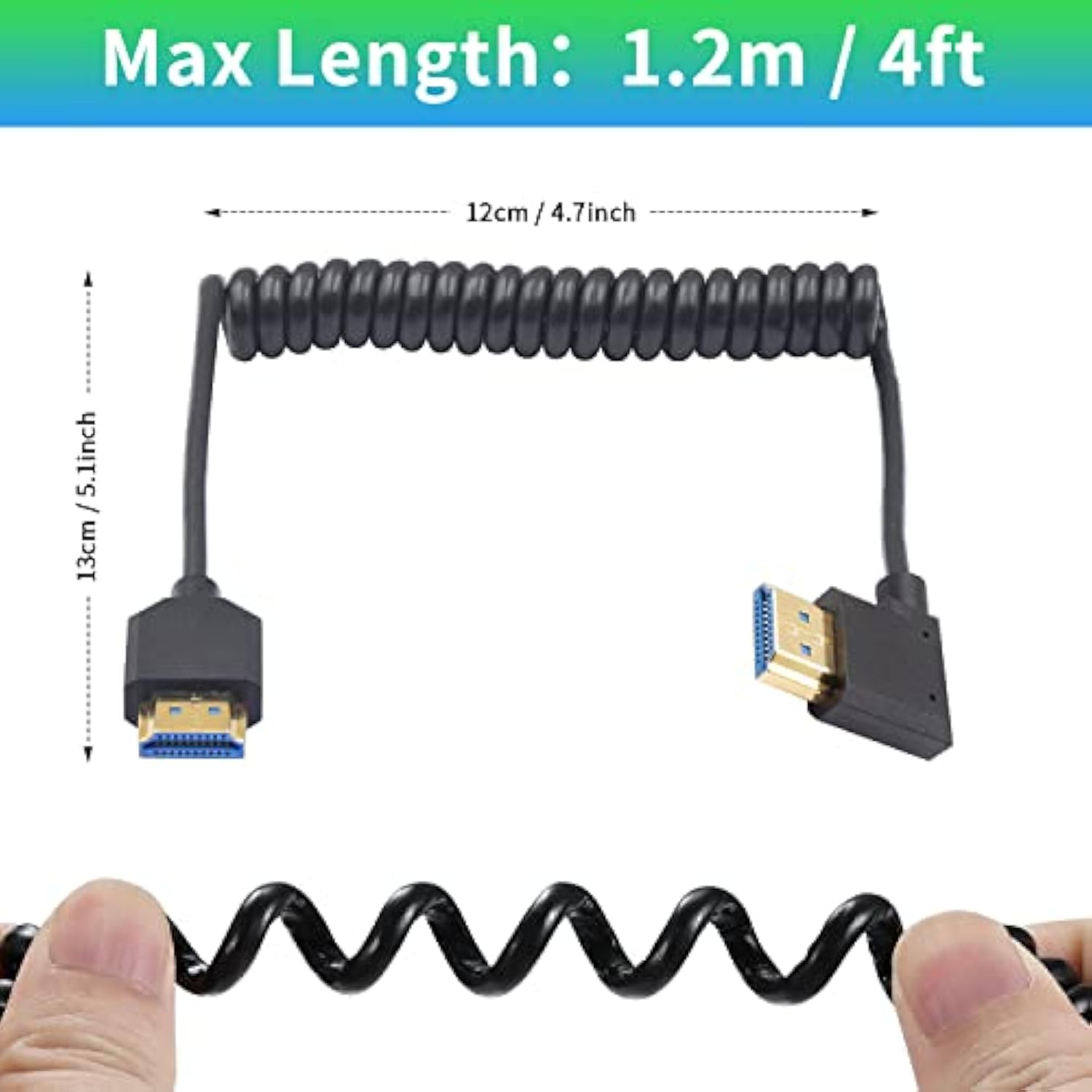 8K Coiled Hdmi Cable, 48Gbps Hdmi Coiled, Extreme Thin Right Angled Hdmi Male