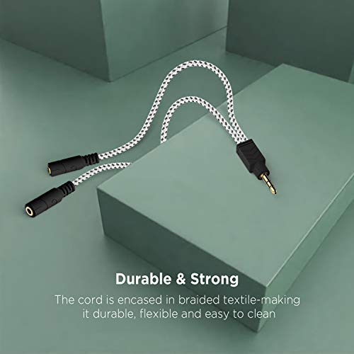 Headphone Splitter, Knitted 3.5mm Audio Splitter TRS 3-Pole Aux Splitter Cable for Headphones Earphones Speakers -Zebra White