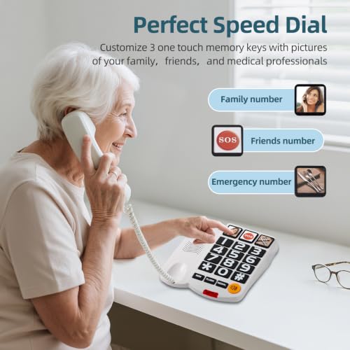 Extra-Loud (110Db) Landline Phone For Seniors & Hearing Impaired - Hearing Aid Compatible, Large Button Corded Phone With 3 Photo Speed Dial, Speakerphone,Easy For Alzheimers Visually Impaired - White
