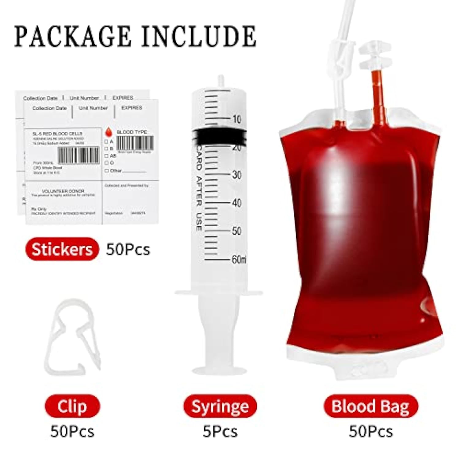 50 Packs Halloween Blood Iv Bags Reusable Drink Pouches Juice Containers For Halloween Zombie Vampire Party Decoration With Syringe And Clips, 10.14 Fl.Oz (50Pcs Bags, 50 Labels, 3 Syringes)