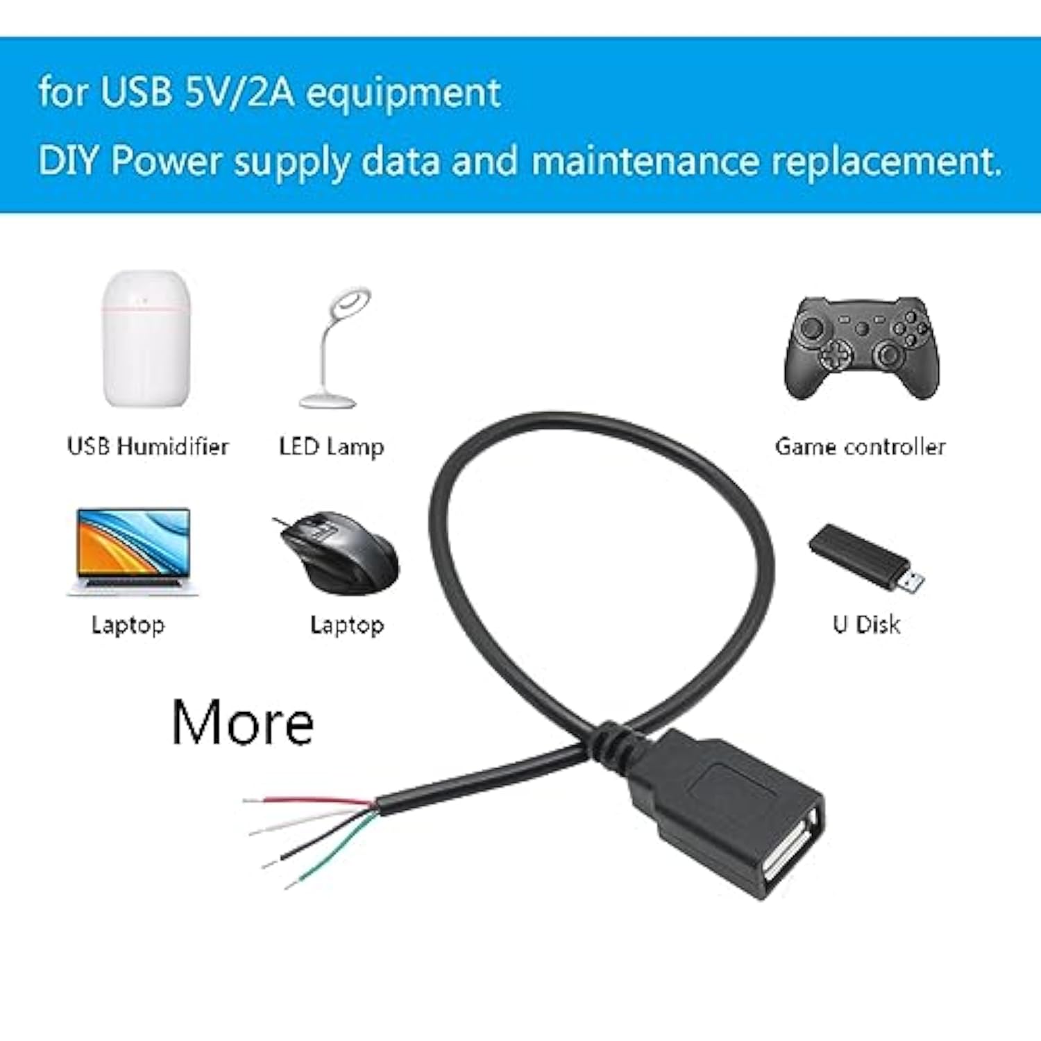 4Pcs Short Usb A Female 4 Pin Bare Wire 11Inch,Usb 5V/2A 4 Pin Pigtail Open En