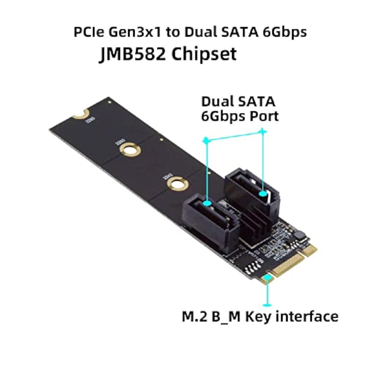 Cablecc PCI Express NGFF Key B+M to SATA 3.0 6Gbps Dual Ports Vertical Adapter