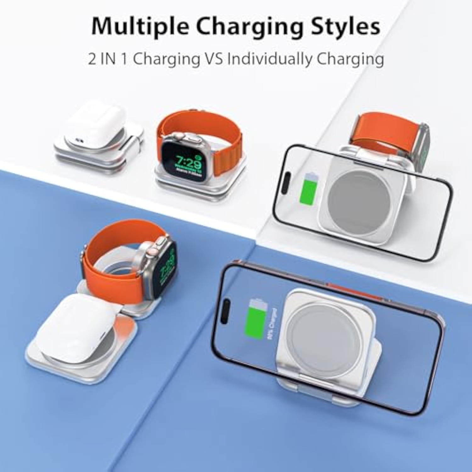 Foldable 2 In 1 Magnetic Charging Station For Apple, Aluminum Alloy Wireless Travel Charger Stand Compatible With Iphone15/14/13Pro/Max, 5W Fast Charging For Iwatch Ultra, Airpods3/2/Pro-Sliver