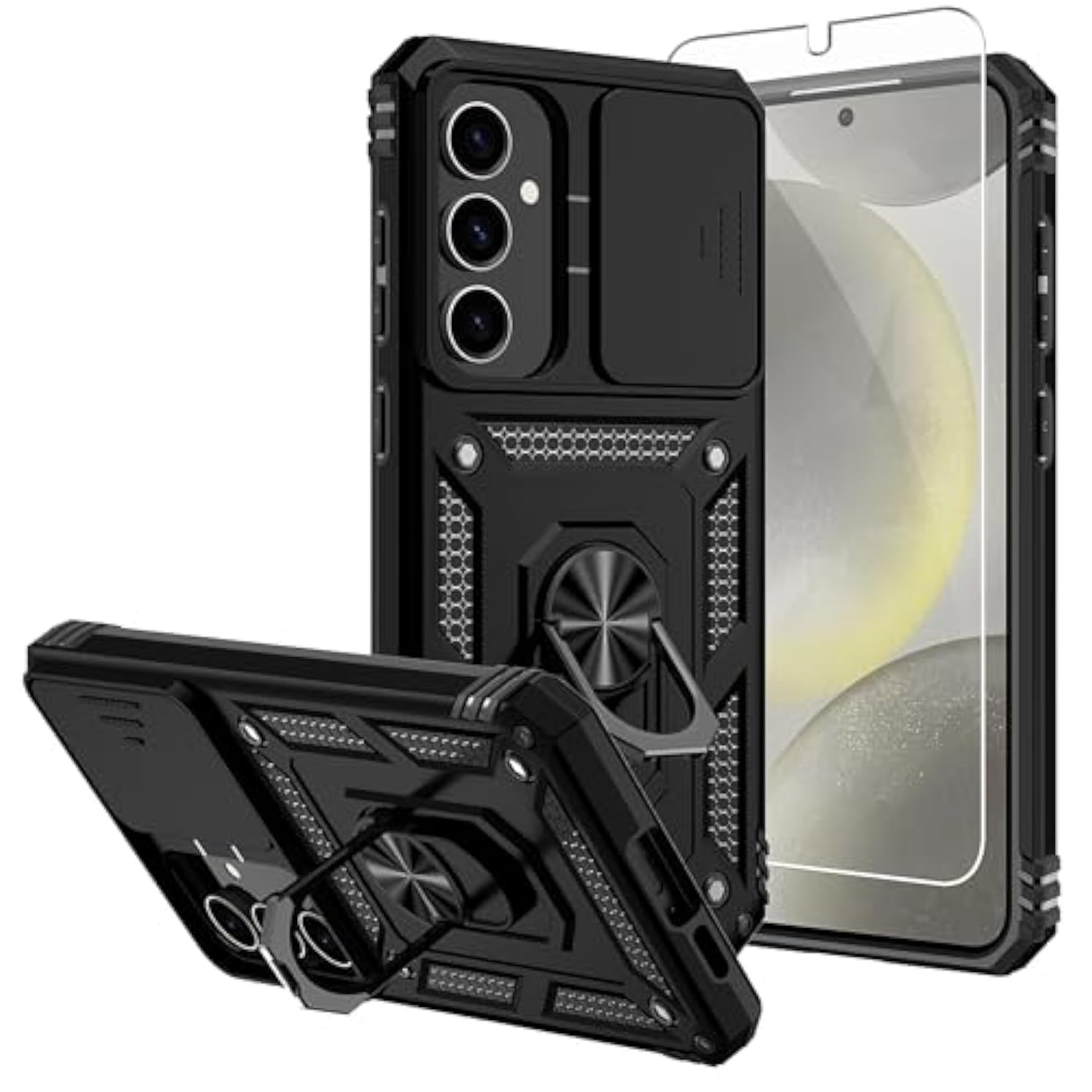 For Galaxy S24 Fe Case, With Screen Protectors And Camera Cover,[Military Grade] 16Ft.Drop Tested Cover With Magnetic Kickstand Protective Case For Samsung S24 Fe, Black