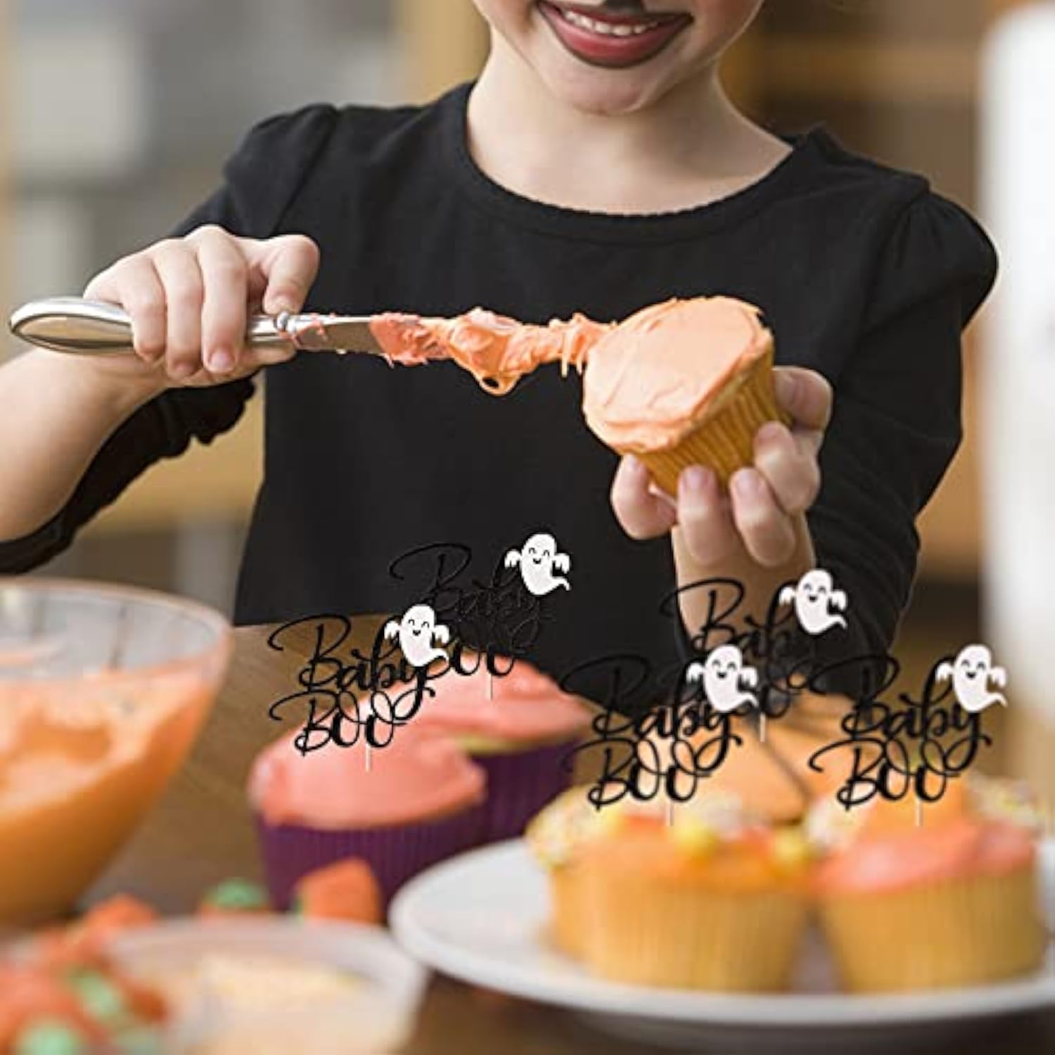 24 Pack Ghost Baby Boo Cupcake Toppers Glitter Spooky Little Boo Cupcake Picks For Halloween Theme Baby Shower Kids Boys Girls Birthday Party Cake Decorations Supplies Black