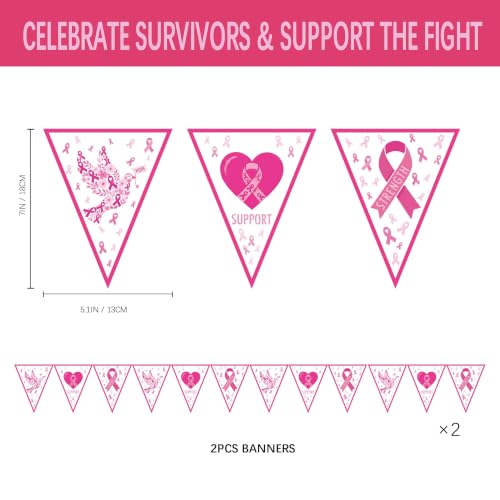 2 Pcs Breast Cancer Awareness Decorations Pink Ribbon Pennant Banner, Hope Strength Support Triangle Bunting Garland for Women Survivor Party Supplies, October Charity Run and Fundraiser Event Decor