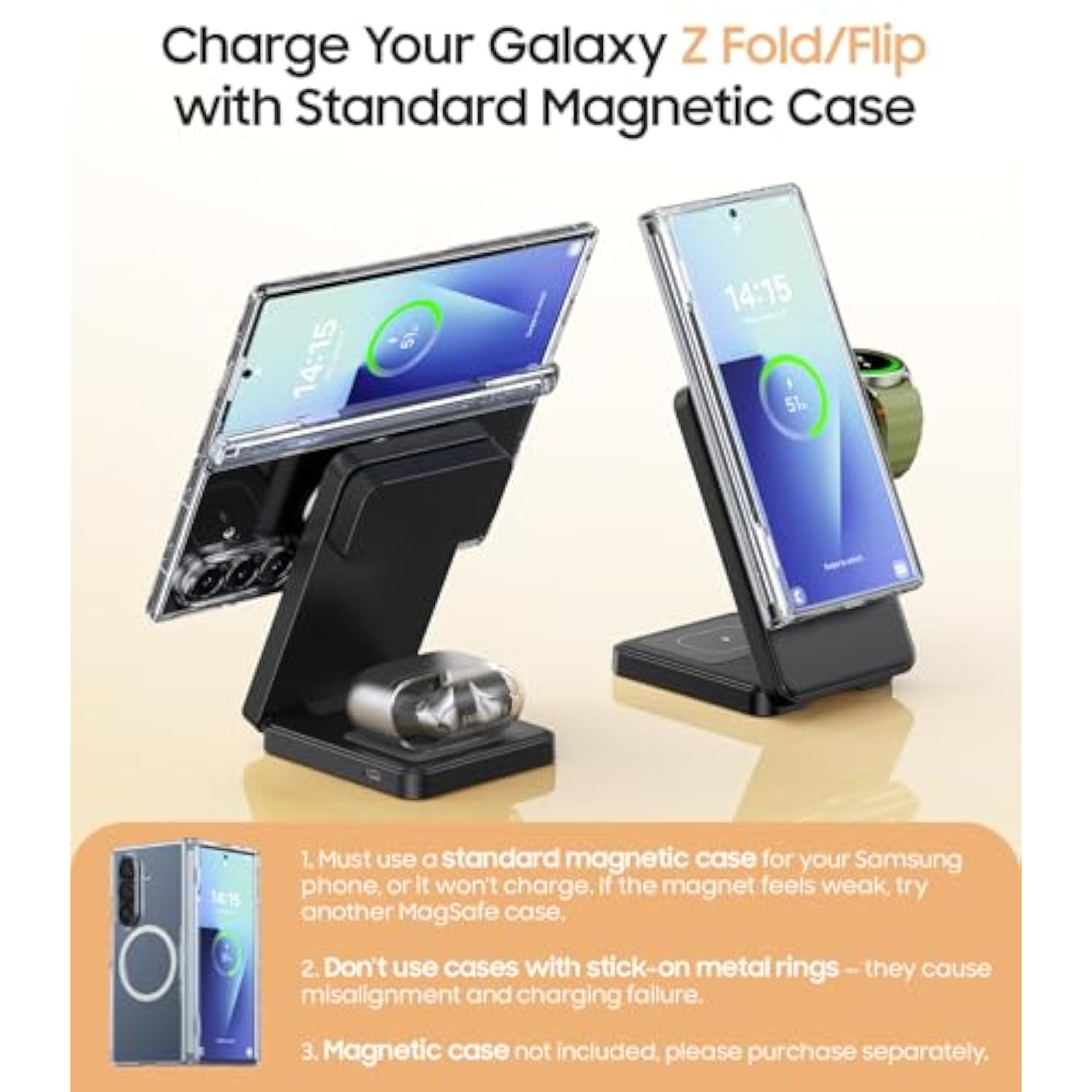 3 In 1 Magnetic Foldable Wireless Charger For Samsung, Fast Mag-Safe Charging Stand Station For Galaxy S25 S24 S23 S22 Ultra Plus/Z Fold/Flip 6/5, Galaxy Watch Ultra/7/6/5/Pro, Galaxy Buds/Pro