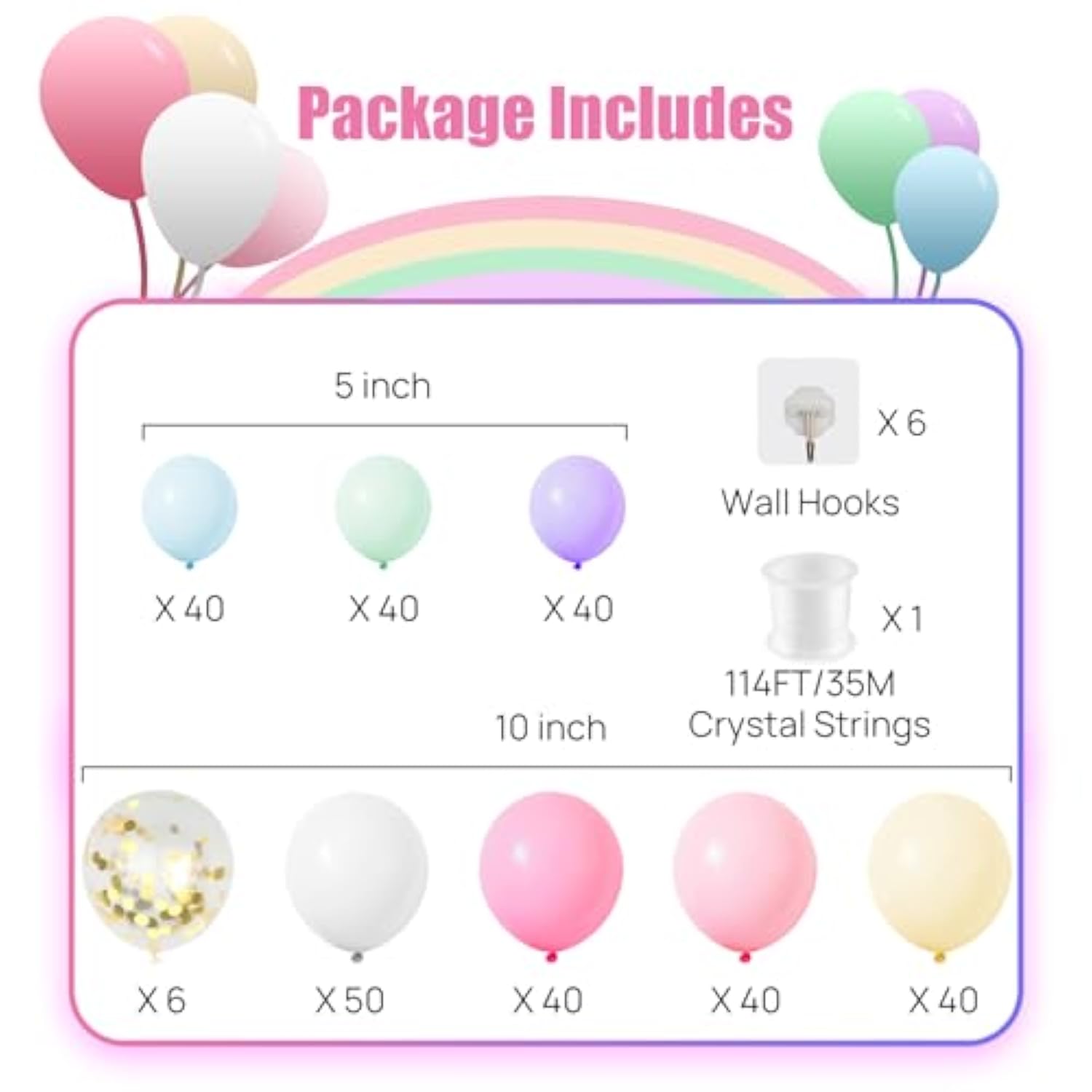 296PCS Rainbow Balloon Arch Kit – Pastel Latex & Confetti Balloons for Party Decorations