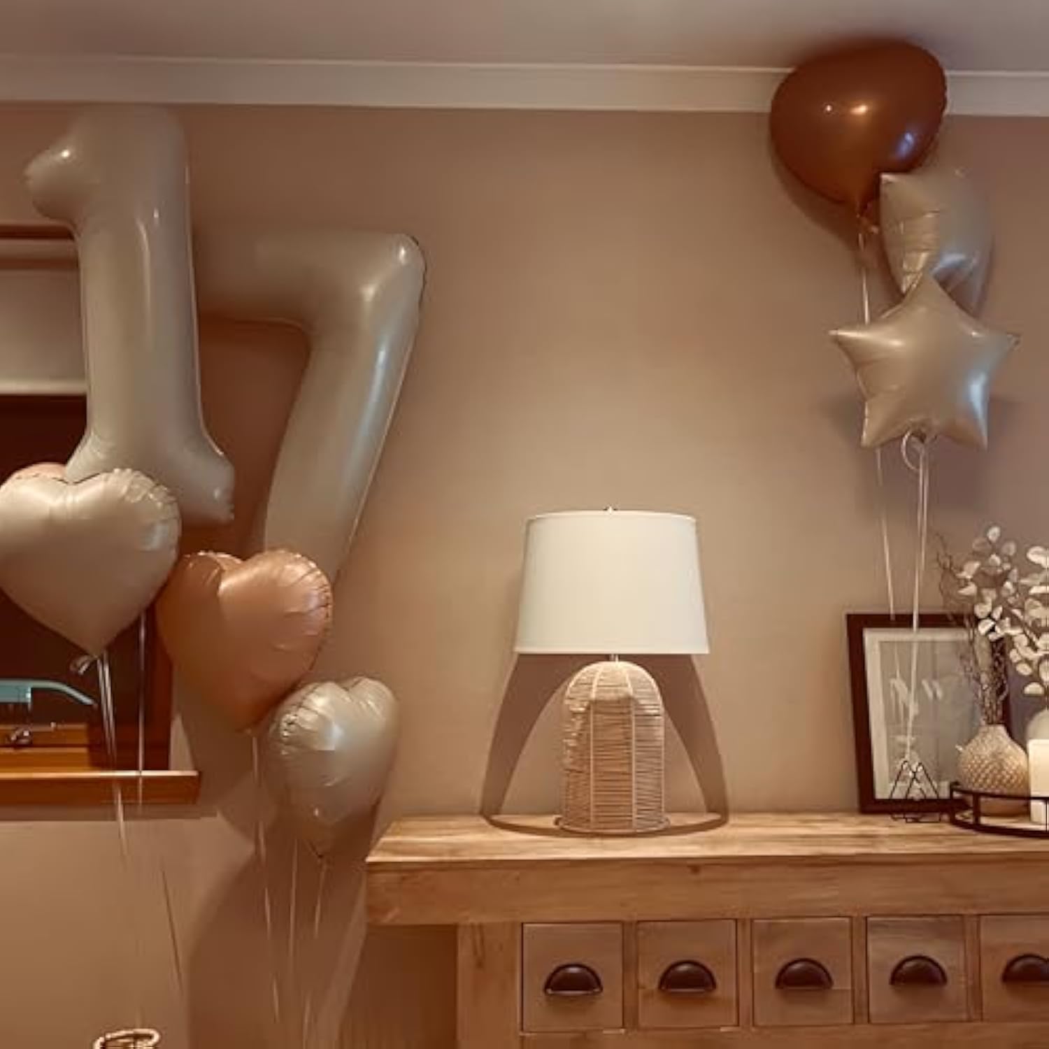 Cream 13 Balloons Decor, Beige Nude Apricot Brown Tan Foil Star Heart Balloons, 40'' White Sand Helium Neutral Number 13 Balloon For Girls 13Th Birthday Wedding Anniversary Party Decoration Supplies