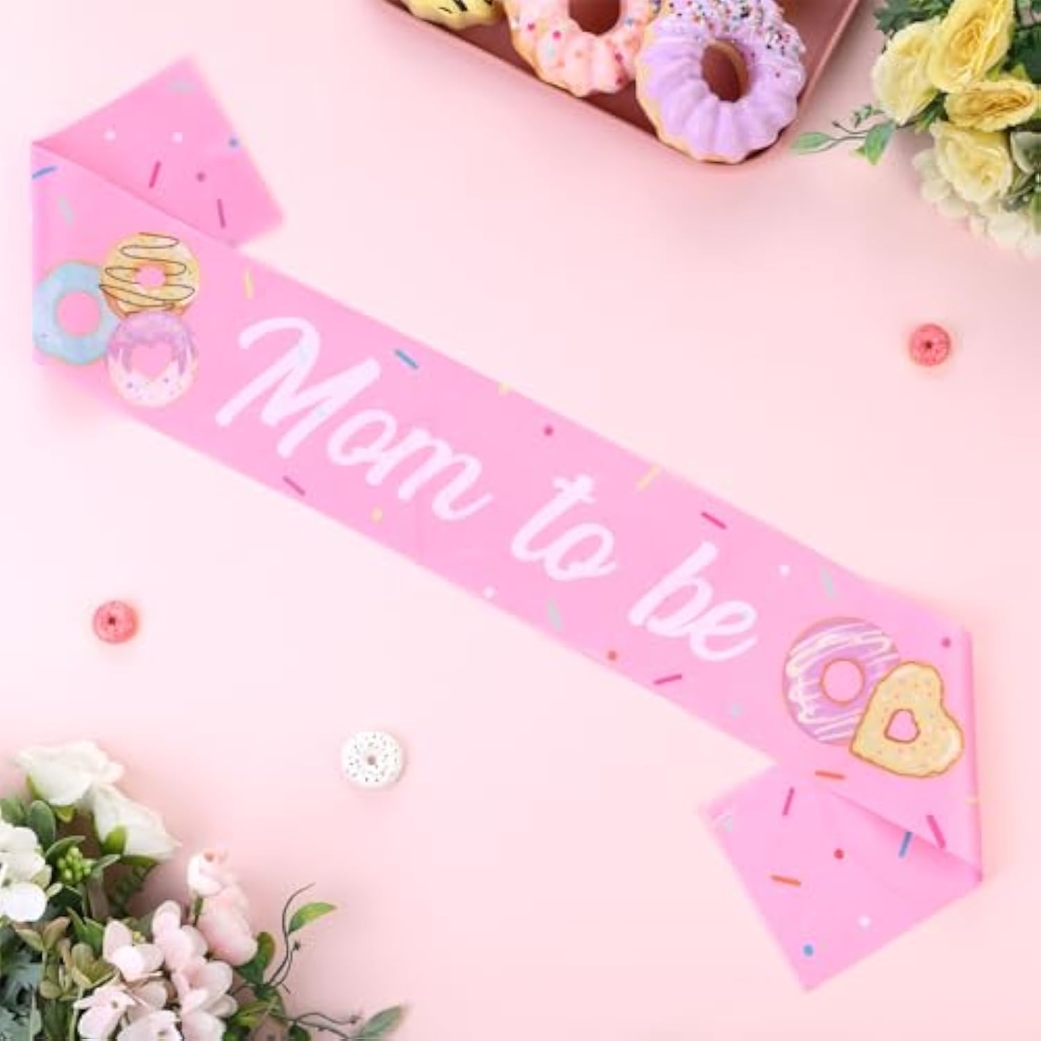 Pink Donut "Mom To Be" Sash "Sprinkled With Love" Baby Shower Decorations for Girls