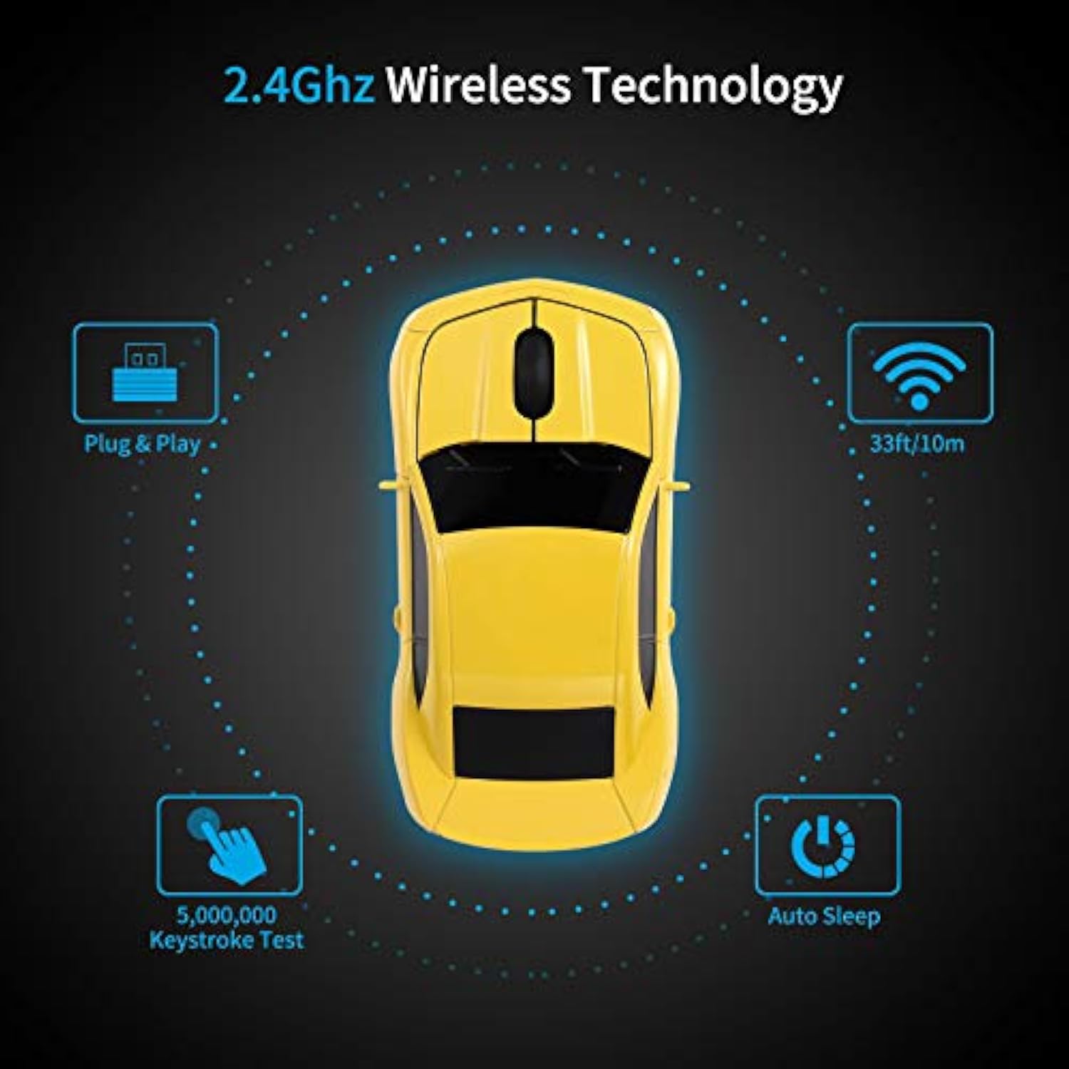 Wireless Car Mouse [Updated] With Led Headlights, 1600 Dpi Sports Car Shaped Mouse For Mac, Computers, Yellow