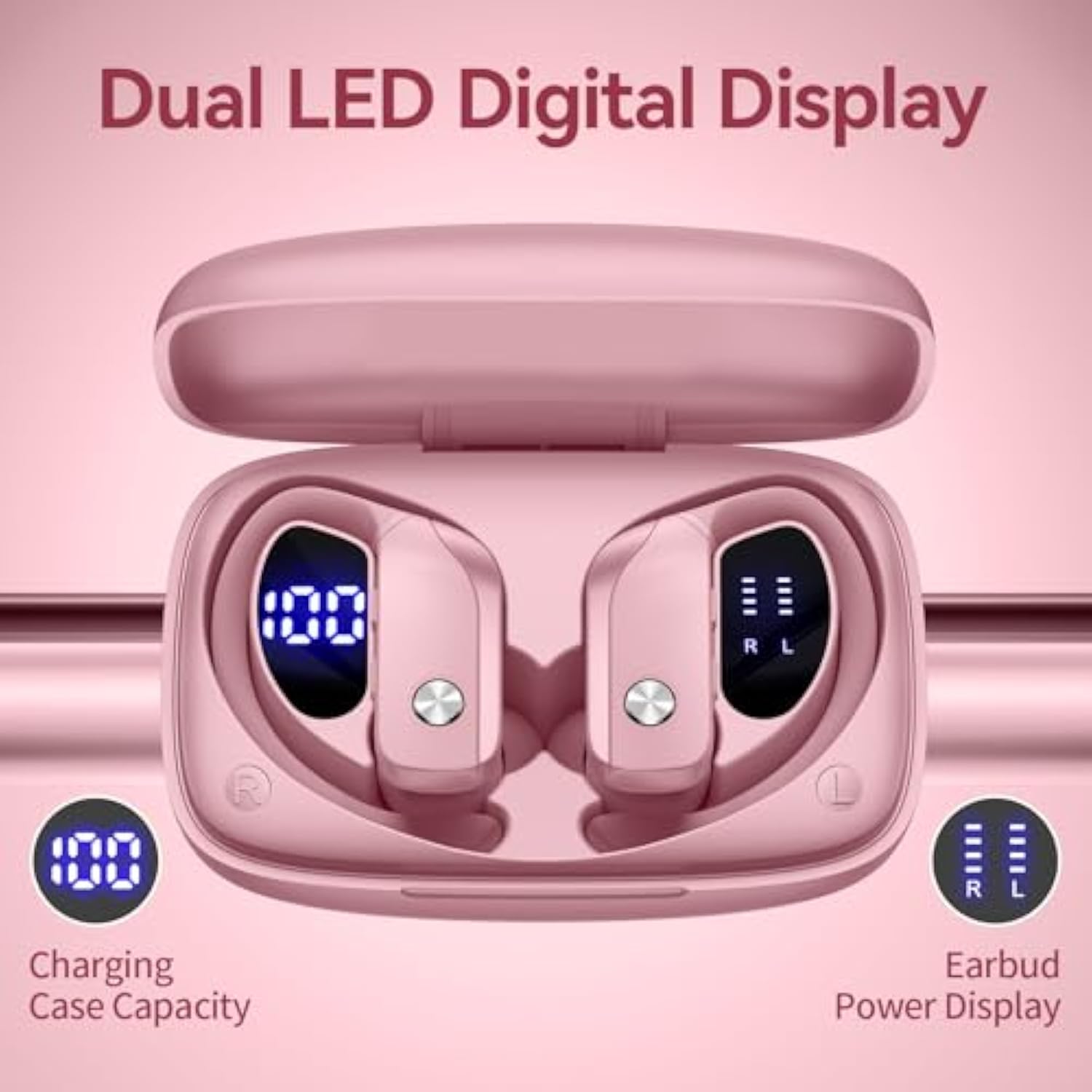 Wireless Earbuds Bluetooth, 48H Playtime, Earhooks, LED Display, Mic, Pink