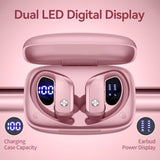 Wireless Earbuds Bluetooth, 48H Playtime, Earhooks, LED Display, Mic, Pink