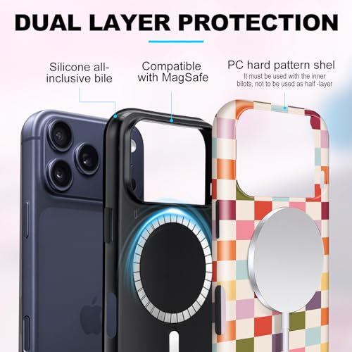 Magnetic for iPhone 17 Pro Case Cute Checkered Phone Case, Shockproof Slim TPU and Hard PC Protective Phone Cover Compatible with MagSafe Designed