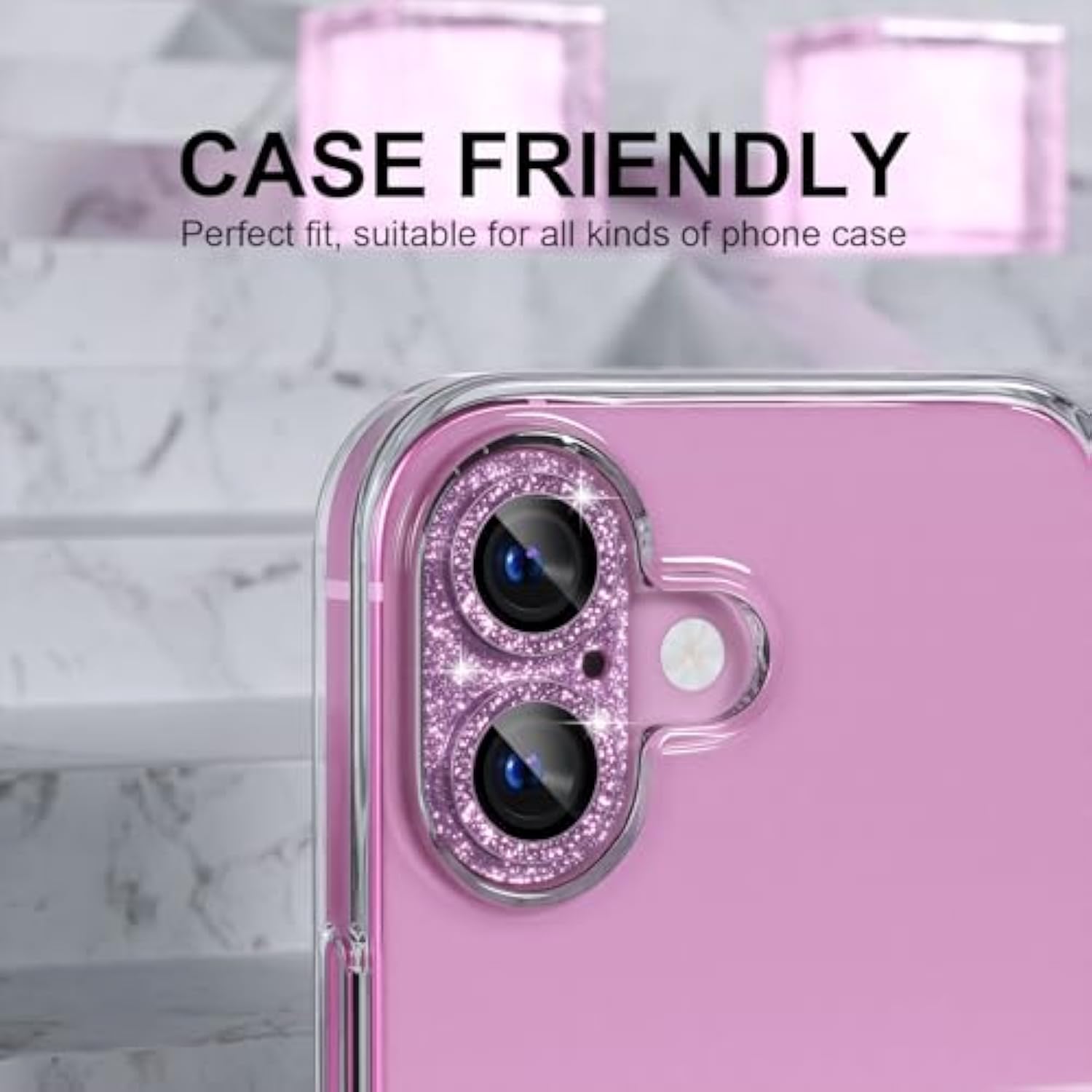 Compatible For Iphone 16 /Iphone 16 Plus Camera Lens Protector, Bling Camera Cover With 9H Tempered Glass Lens Screen Protector Metal Ring Decoration Accessories (Glitter-Pink)