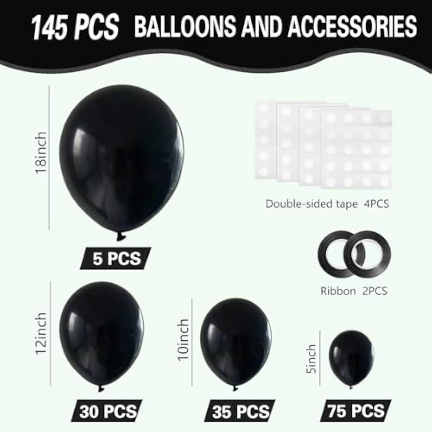 145Pcs Black Balloons Assorted Sizes Latex Balloon Arch Kit for Birthday Halloween Party