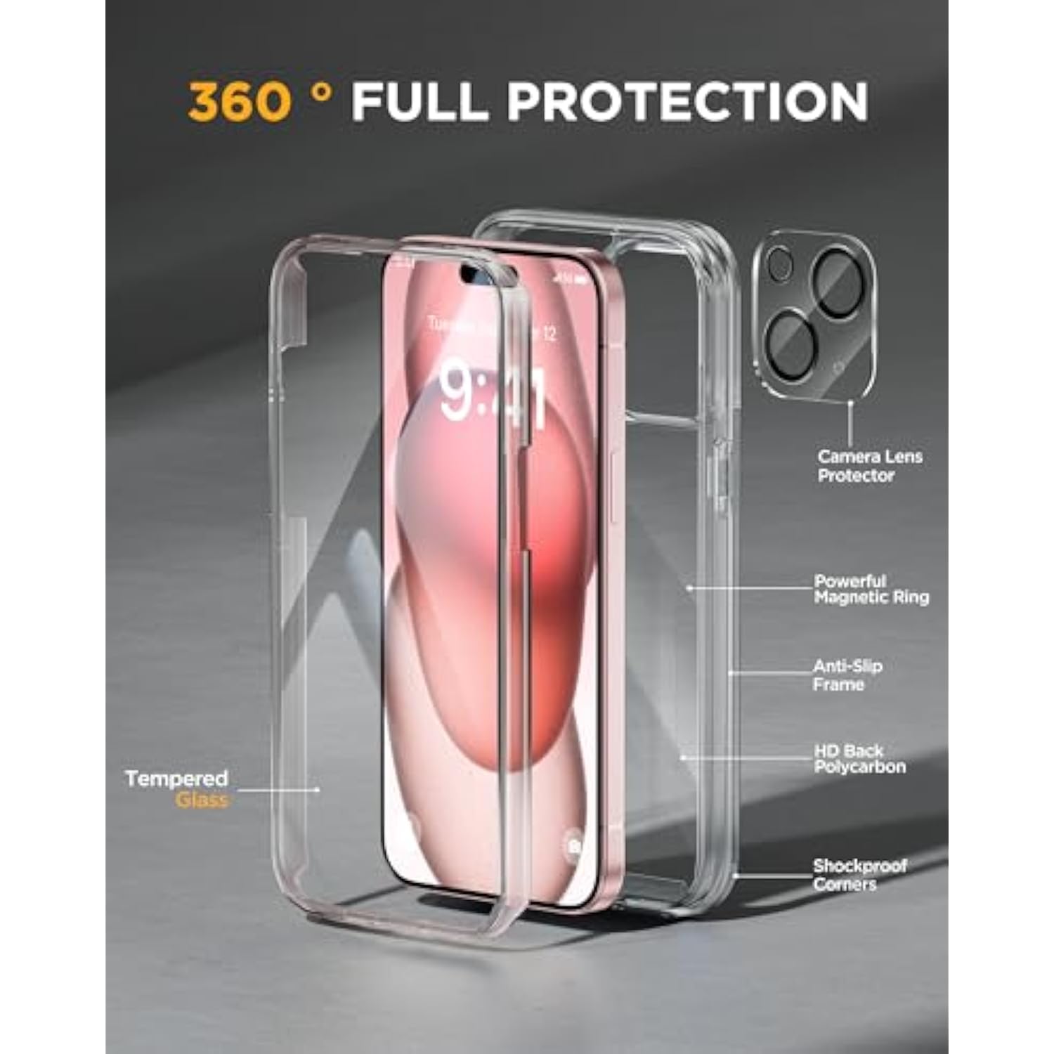 For Iphone 15 Case Clear Full-Body Built-In Glass Screen Protector &Camera Protector, Military Drop Proof 15 Phone Case 360 Degree Shockproof Protective Cover Bumper 6.1 Inch, Clear