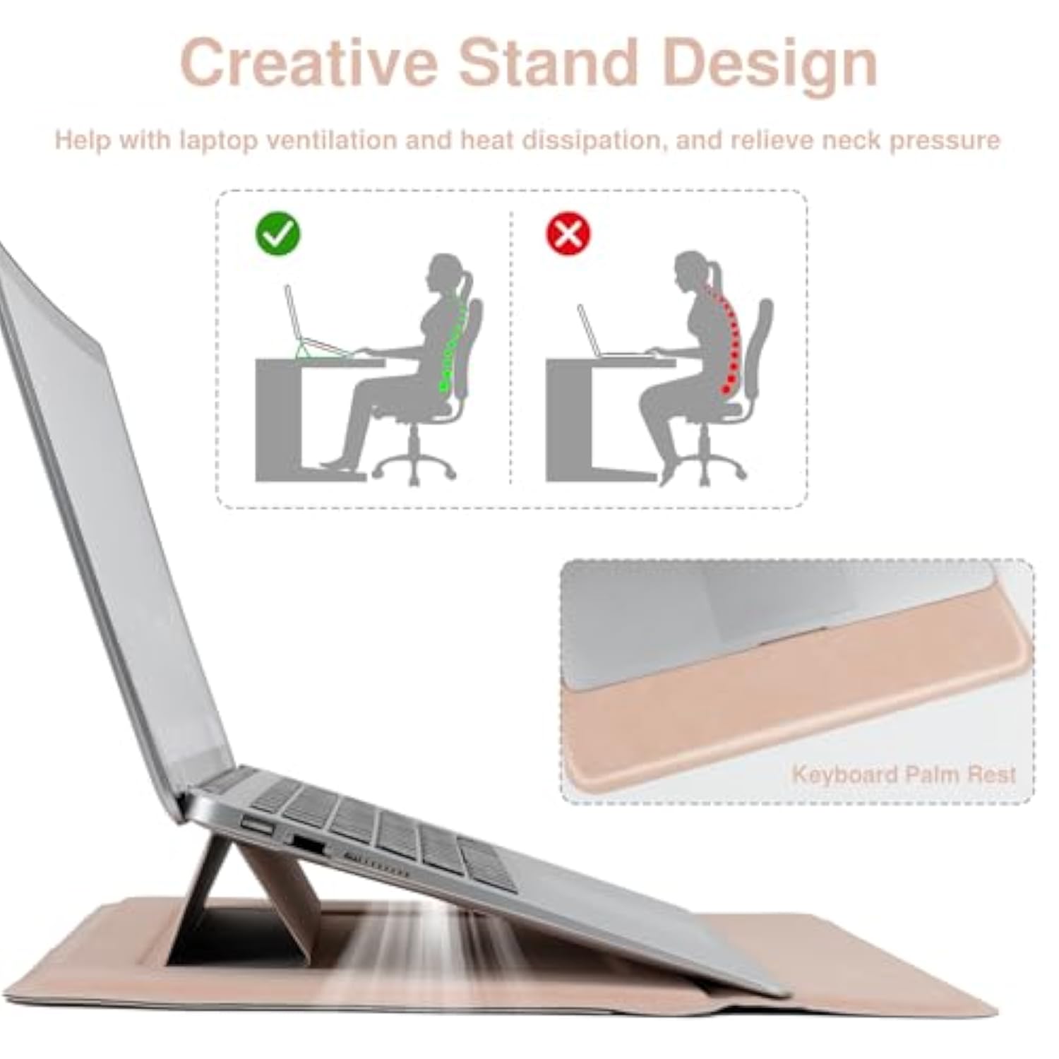 13-14 Inch Laptop Sleeve With Stand For Macbook Air 13 2018-2024 (M2 A2681 M1 A2337)/ Macbook Pro 13 2016-2024 (M2 A2686 M1 A2338 A2251 A2289 A2159), Pu Leather Case With Pouch, Pale Pink
