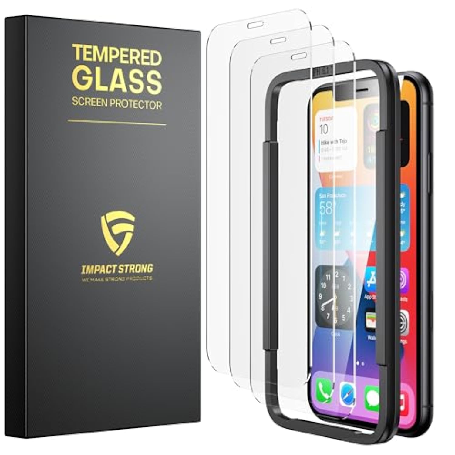 ImpactStrong Shatterproof Tempered Glass Screen Protector for iPhone 11 / iPhone XR [Easy Installation Frame] [Bubble Free] [9H Hardness] [Full Coverage] Case Friendly, 6.1 Inch - (3-Pack)