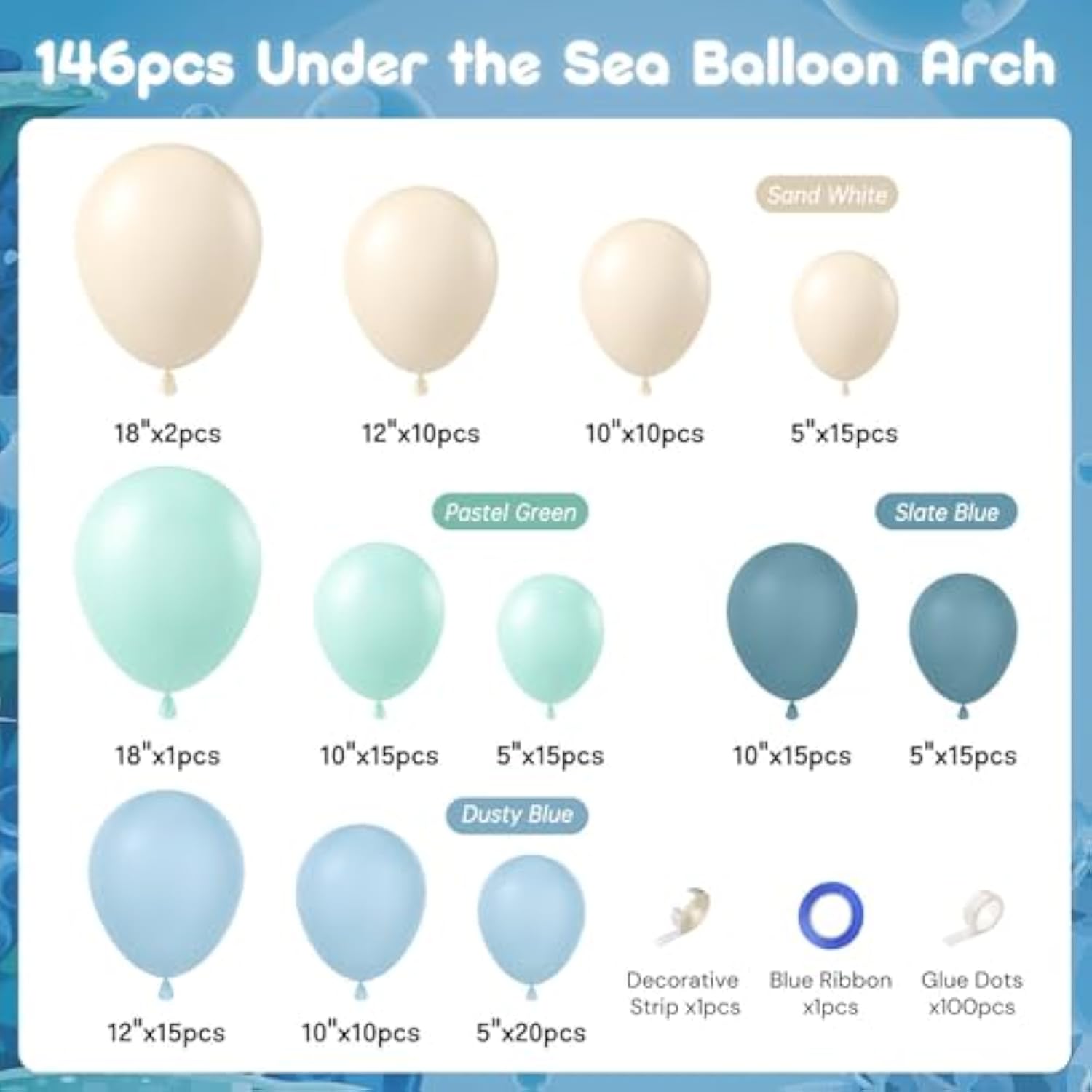 147Pcs Under The Sea Balloons Garland Arch Kit With Dusty Slate Blue Pastel Green Sand White Latex Balloons For Ocean Themed Under The Sea Baby Shower Birthday Party Decorations