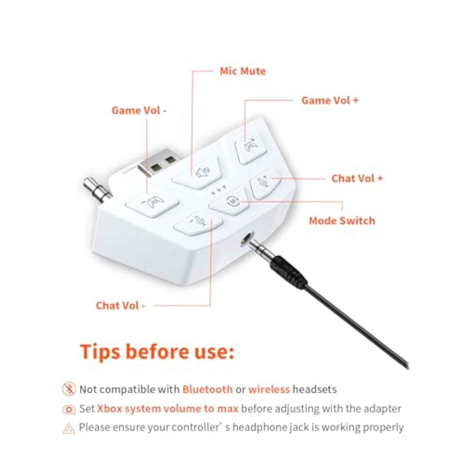 Stereo Headset Adapter, Audio Mic Headphone Adapter For Xbox One, Xbox Series X|S And Elite Controller, Adjust Audio Balance (Game Sound & Voice Chat), Not Bluetooth Compatible, Ivory