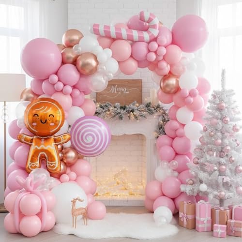 Pink Christmas Balloon Arch Kit, Pearl White Rose Gold Xmas Decorations