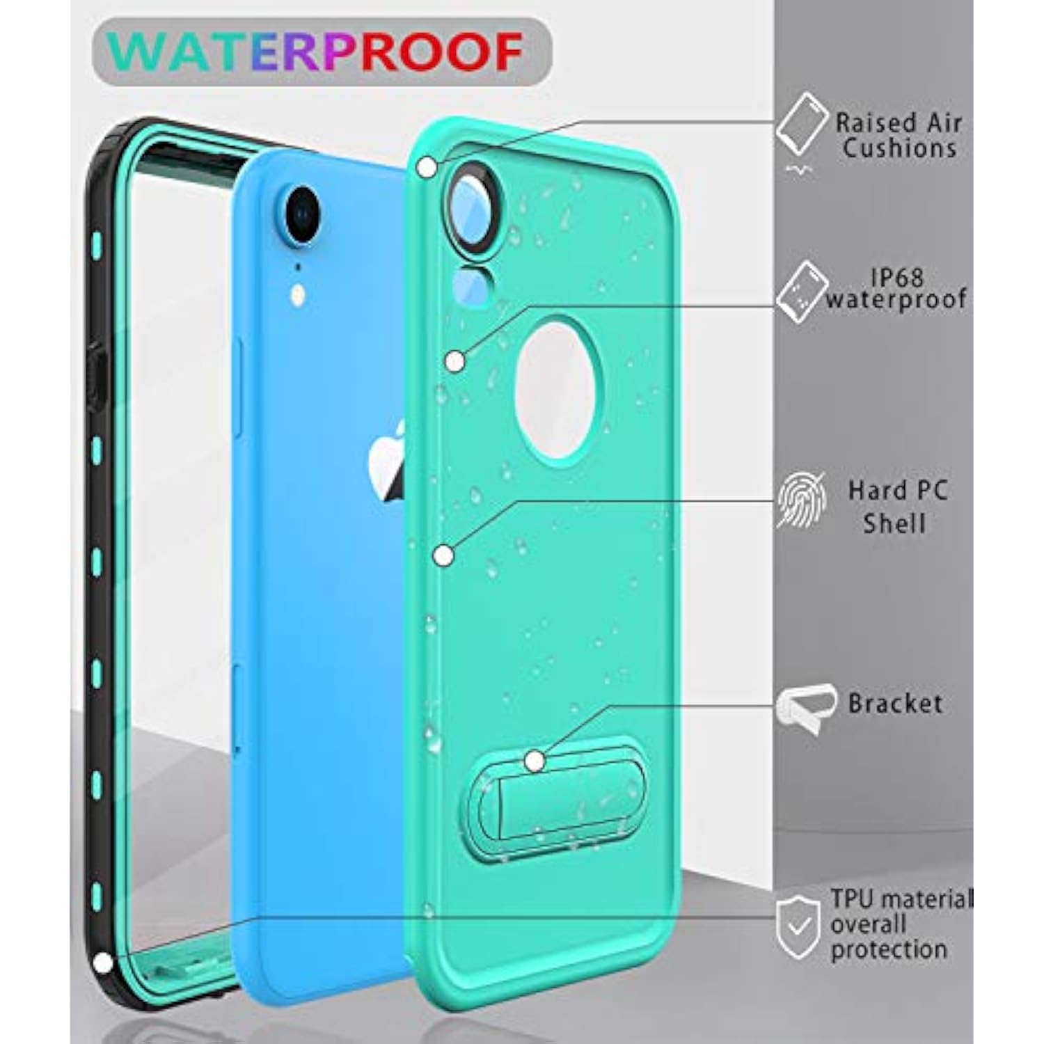 For Xr Case Waterproof,Shockproof Dustproof Ip68 Full-Body Sturdy With Kickstand Case Built-In Screen Protector,Underwater Full Sealed Cover Protective For Xr (Teal)