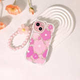 Compatible For Iphone 15 Case Clear Cute Flower Floral Bear For Girls Women Pattern With Chain Lanyard Wrist Strap Soft Tpu Shockproof Protective Girly For Iphone 15-Bear Pink