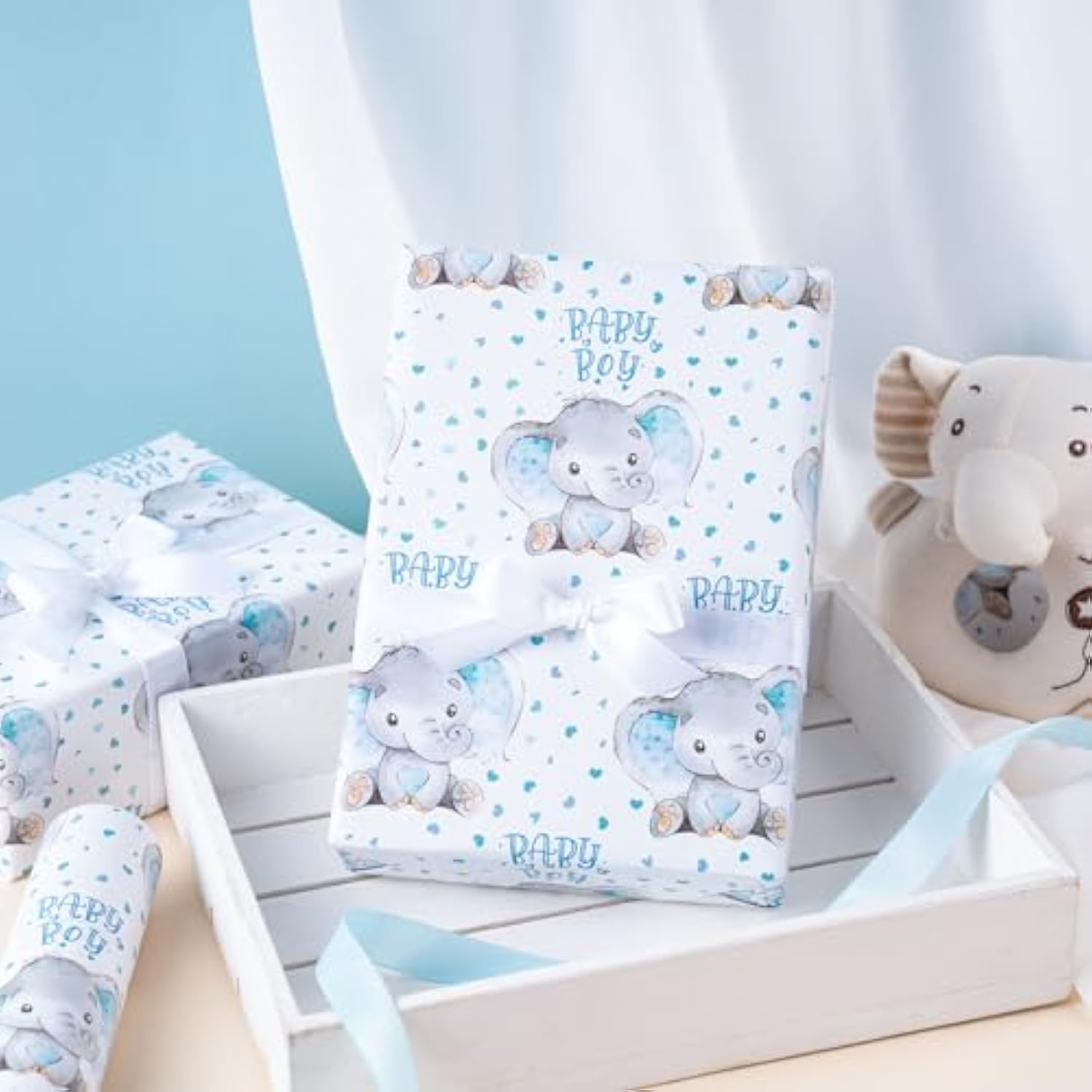 Baby Boy Wrapping Paper - Mini Roll - 17 Inch X 33 Feet - Adorable Blue Elephant Design For Baby Shower, Party, Holiday