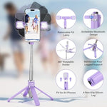 Mini Tripod Stand & Selfie Stick With Wireless Remote & Removable Light, Extendable Stand 360 Rotation Compatible With & Android Samsung (Purple)