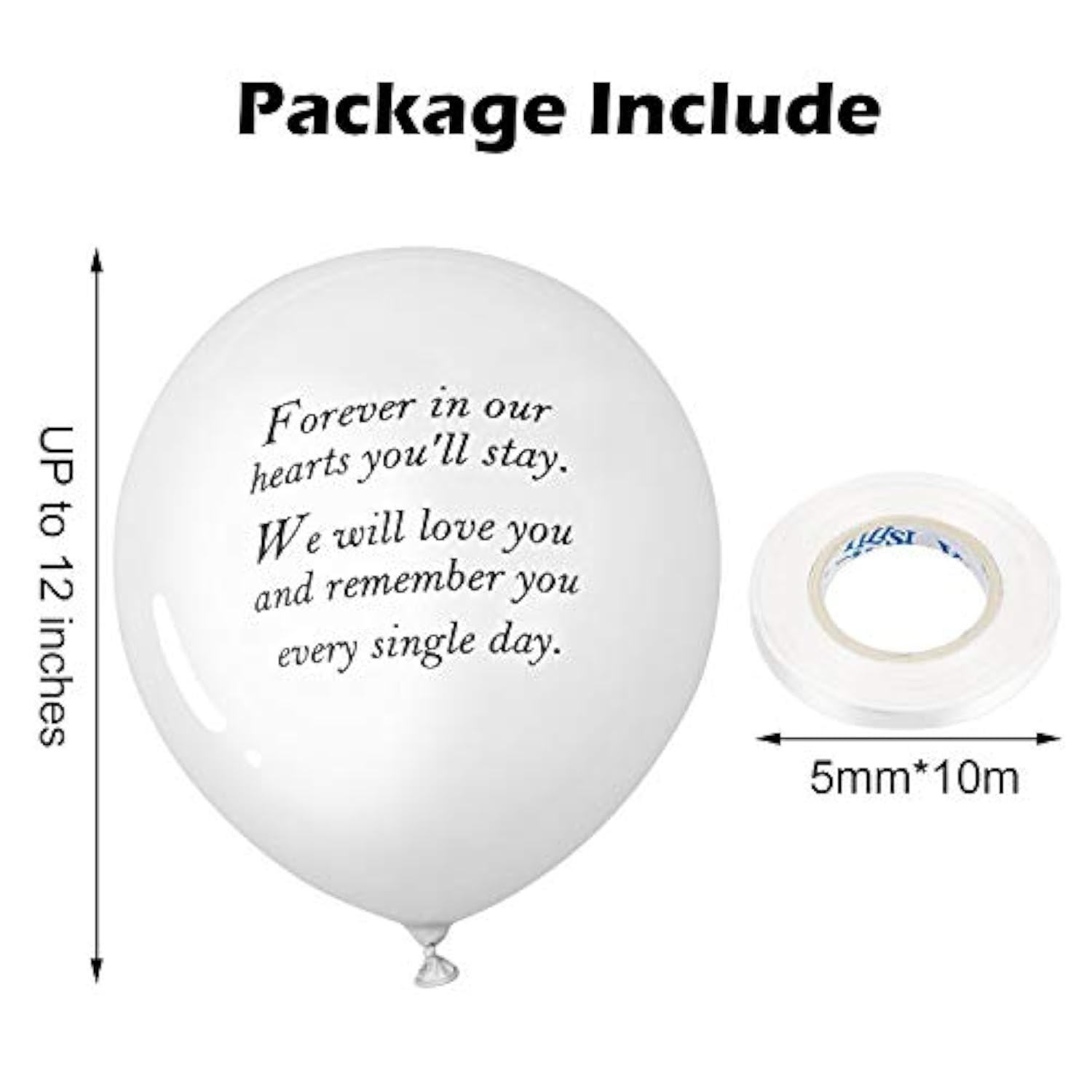 50 White Memorial Balloons with 3 Ribbons – Remembrance Balloons for Funeral or Sky Release